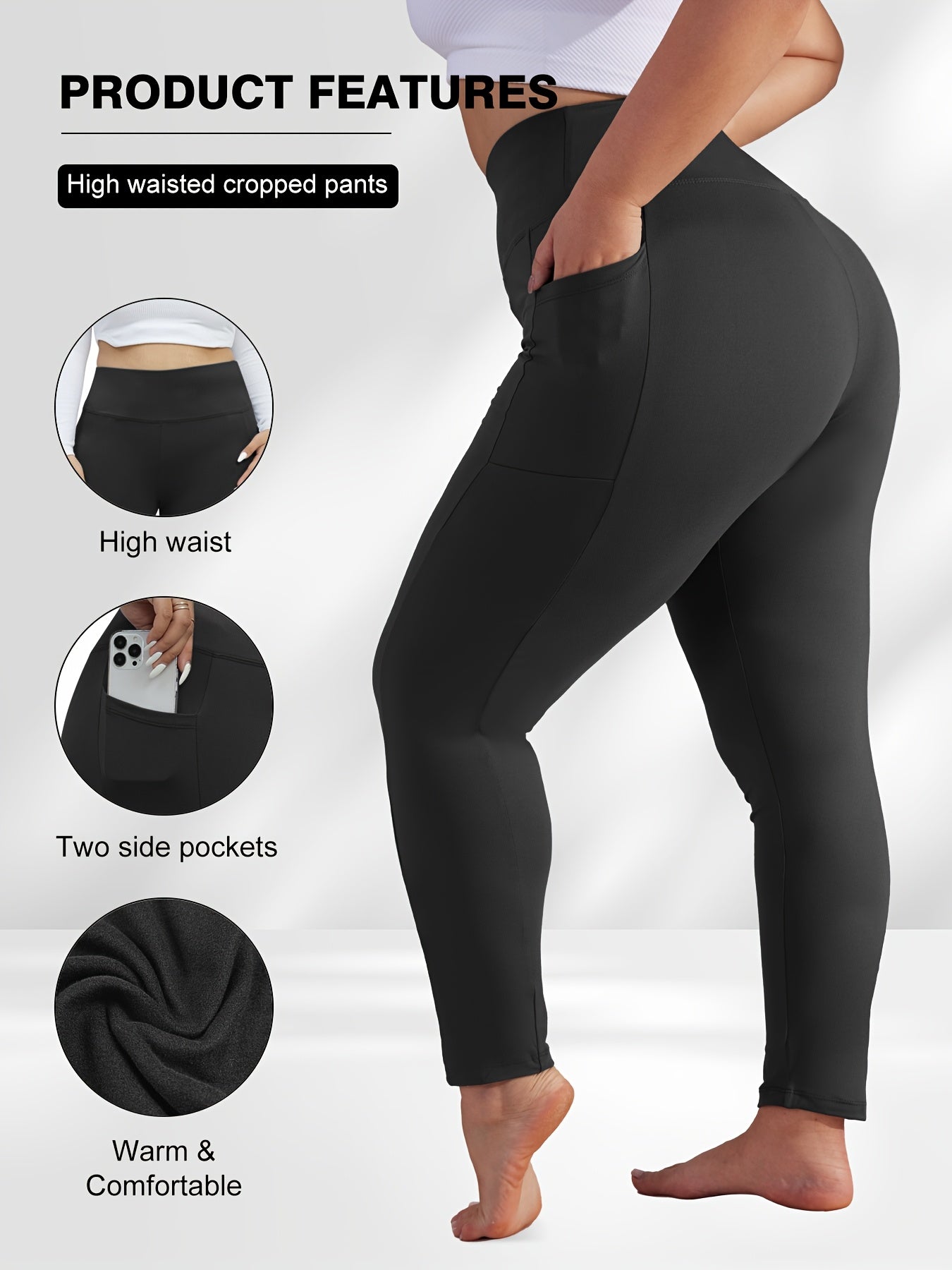 Women's Plus Size Yoga Pants with Pockets – Warm Thermal Leggings, High Elasticity, Tight-Fit Sports Base Layer for Fall & Winter, 1XL-5XL
