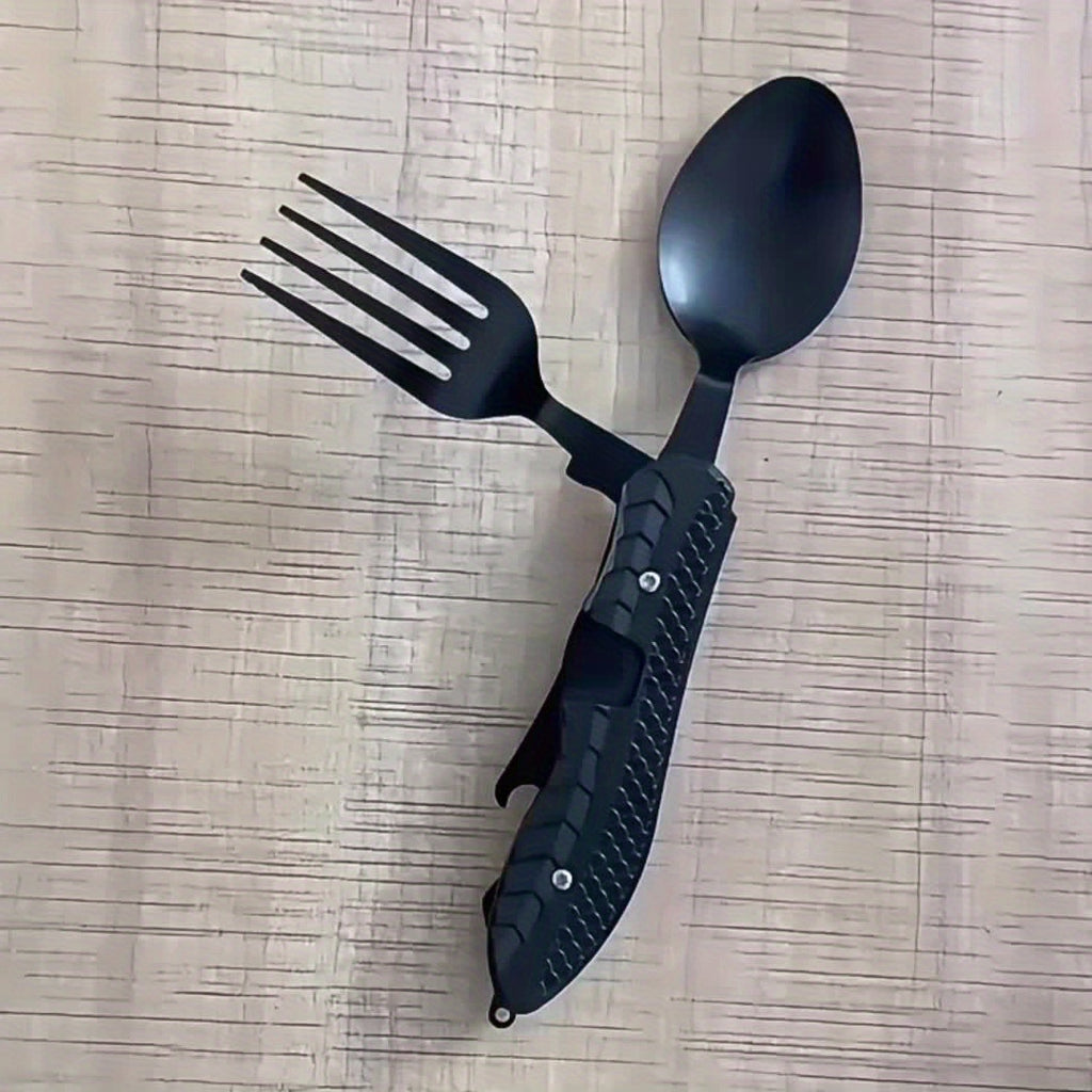 4-in-1 Stainless Steel Camping Utensil Set – Portable Folding Fork Spoon Knife & Bottle Opener for Hiking Survival Travel Backpacking Picnic Outdoor Meals