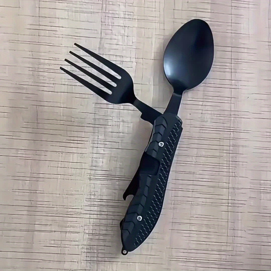 4-in-1 Stainless Steel Camping Utensil Set – Portable Folding Fork Spoon Knife & Bottle Opener for Hiking Survival Travel Backpacking Picnic Outdoor Meals