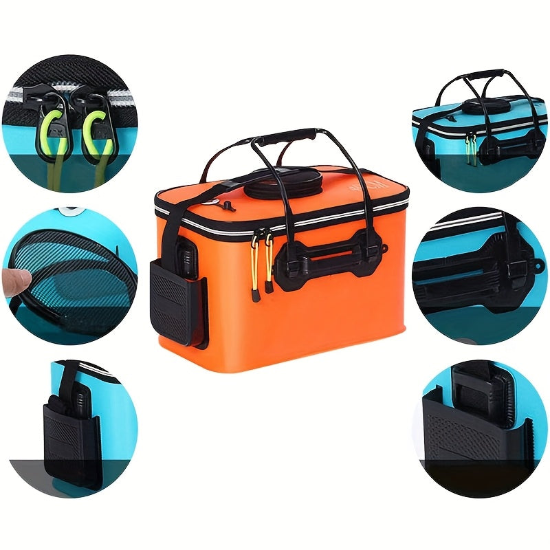 Collapsible 25L EVA Fishing Bucket with Lid – Foldable Live Fish Keeper & Bait Container for Kayak Bank Pier Fishing, Lightweight Portable Water Bucket for Camping, Orange & Blue