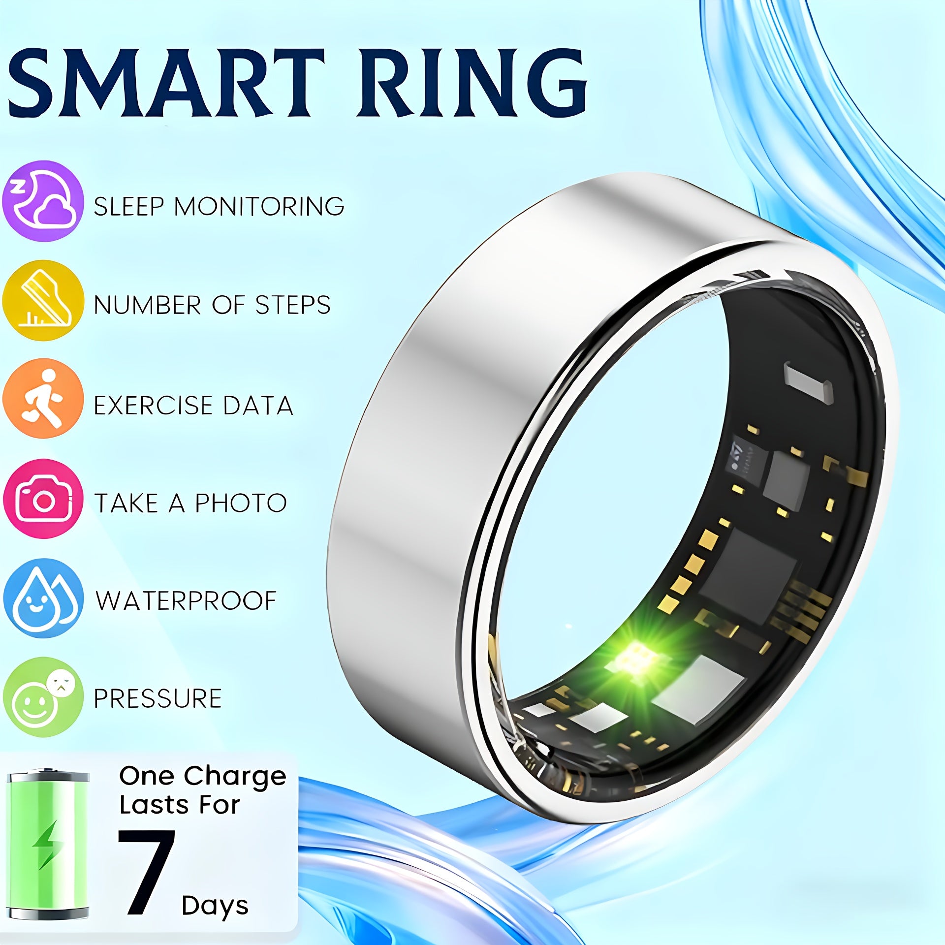 Smart Ring Fitness Tracker - Bluetooth 5.3 Health Monitoring Ring with 100+ Sports Modes, HRV Heart Rate, Stress Monitor, Body Temperature, IP68 Waterproof, iPhone & Android Compatible, Sizes 7-13