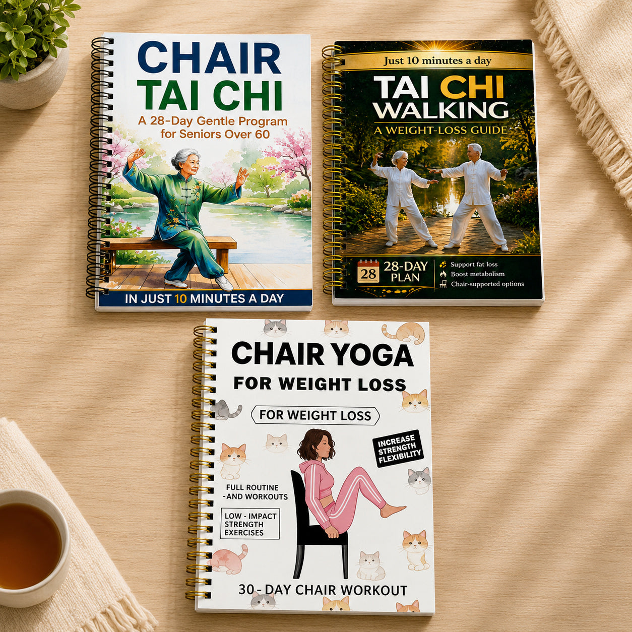 Chair Tai Chi Chair Yoga Guide Books for Seniors 3-Book Set – 10-Minute Daily Exercises 28 & 30 Day Program for Beginners Over 60 Low-Impact Home Fitness Spiral-Bound