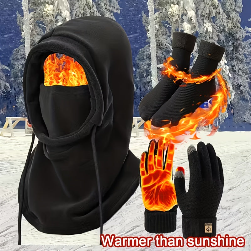 Winter Thermal Set 3 4pcs Face Mask Hat Touchscreen Gloves Fleece Socks Windproof Cold Weather Gear for Men Women – Snowboarding Hiking Ice Fishing Skiing Outdoor Winter Accessories Kit