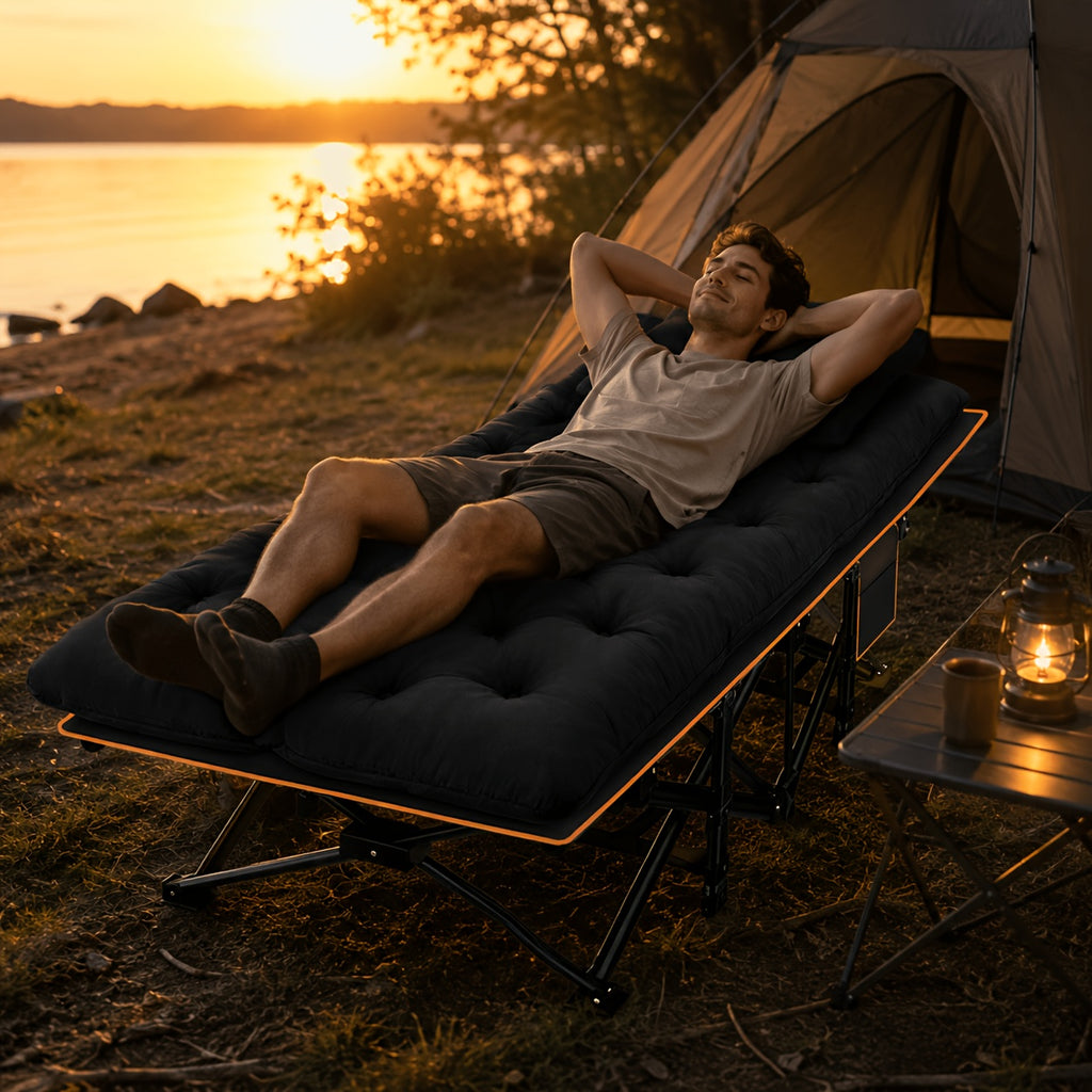 Extra Large Folding Camping Cot Bed with Mattress Option – Heavy Duty 355–750 lbs Capacity Portable Guest Bed for Adults – Foldable Sleeping Cot for Camping Travel Indoor Outdoor Use 59–77 Inch