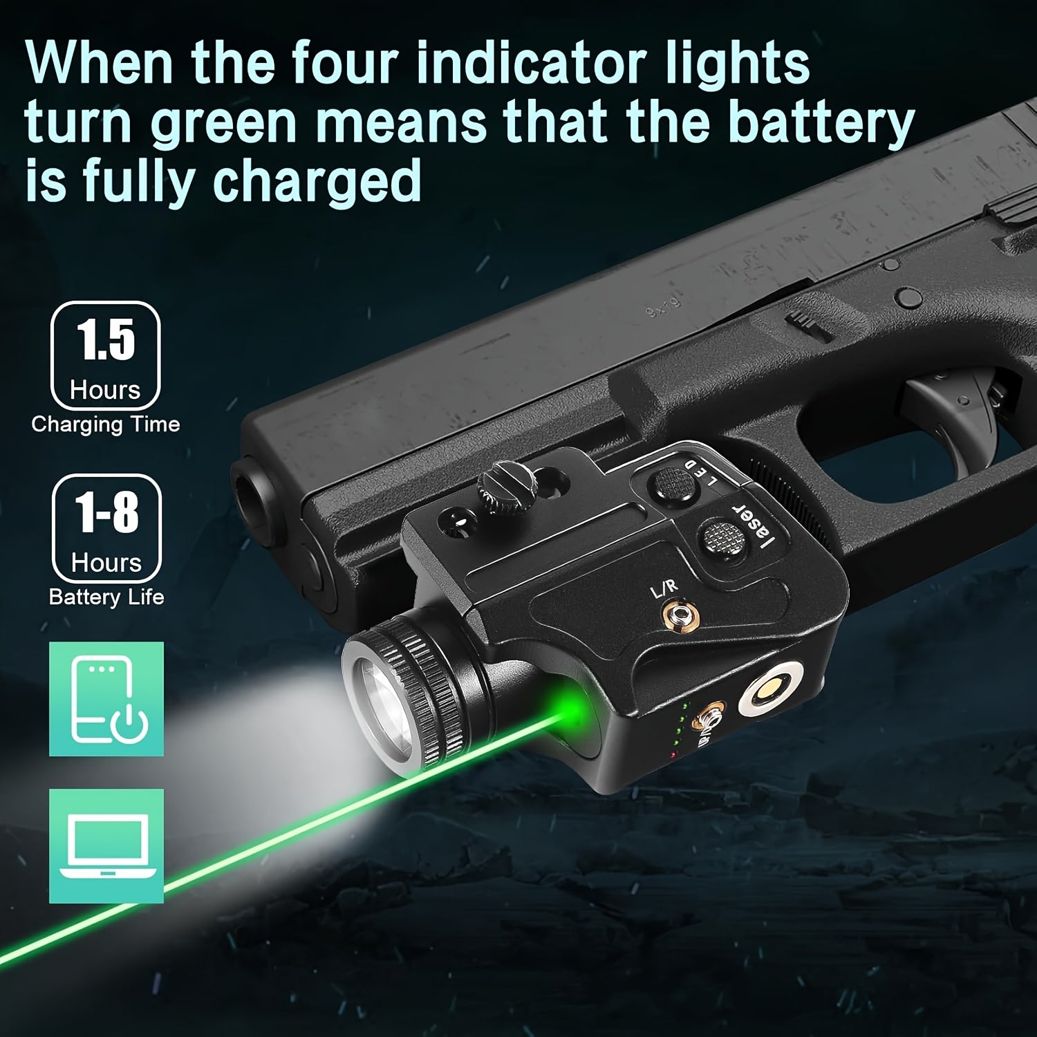 Tactical Green Laser Sight with LED Flashlight Combo USB Rechargeable Ambidextrous for 20mm Picatinny Rail Air Pistol Handgun Shotgun Rifle
