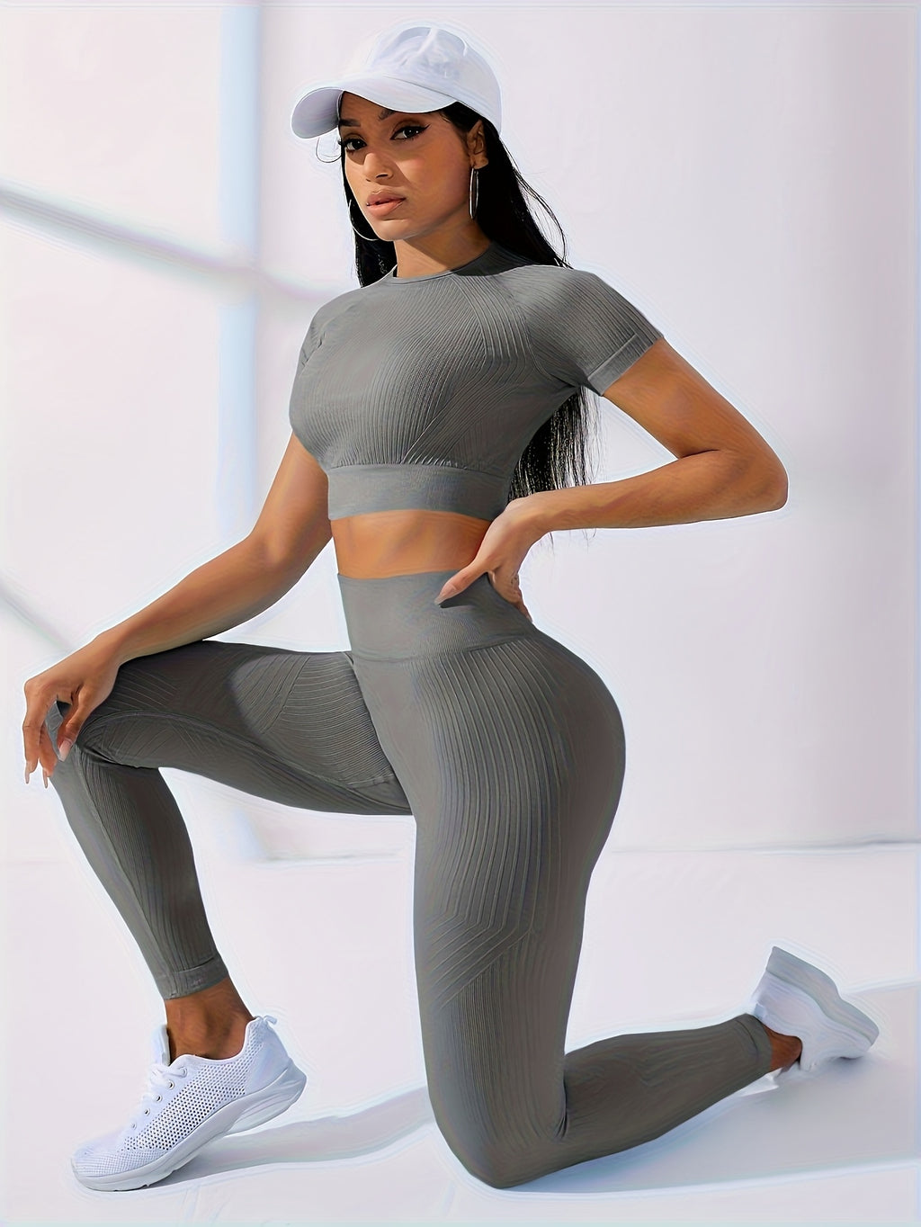 2PCS Women's Workout Set – Yoga Crop Top & Leggings, Crew Neck, Medium Stretch, Solid Color All-Season Activewear, XS-XL