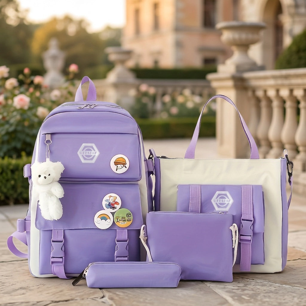 5-Piece School Backpack Set for Girls & Boys – Cute Bookbag with Tote Bag, Pencil Case & Coin Purse, Durable Student Daypack with Zipper Closure & Adjustable Straps for School, Travel & Hiking