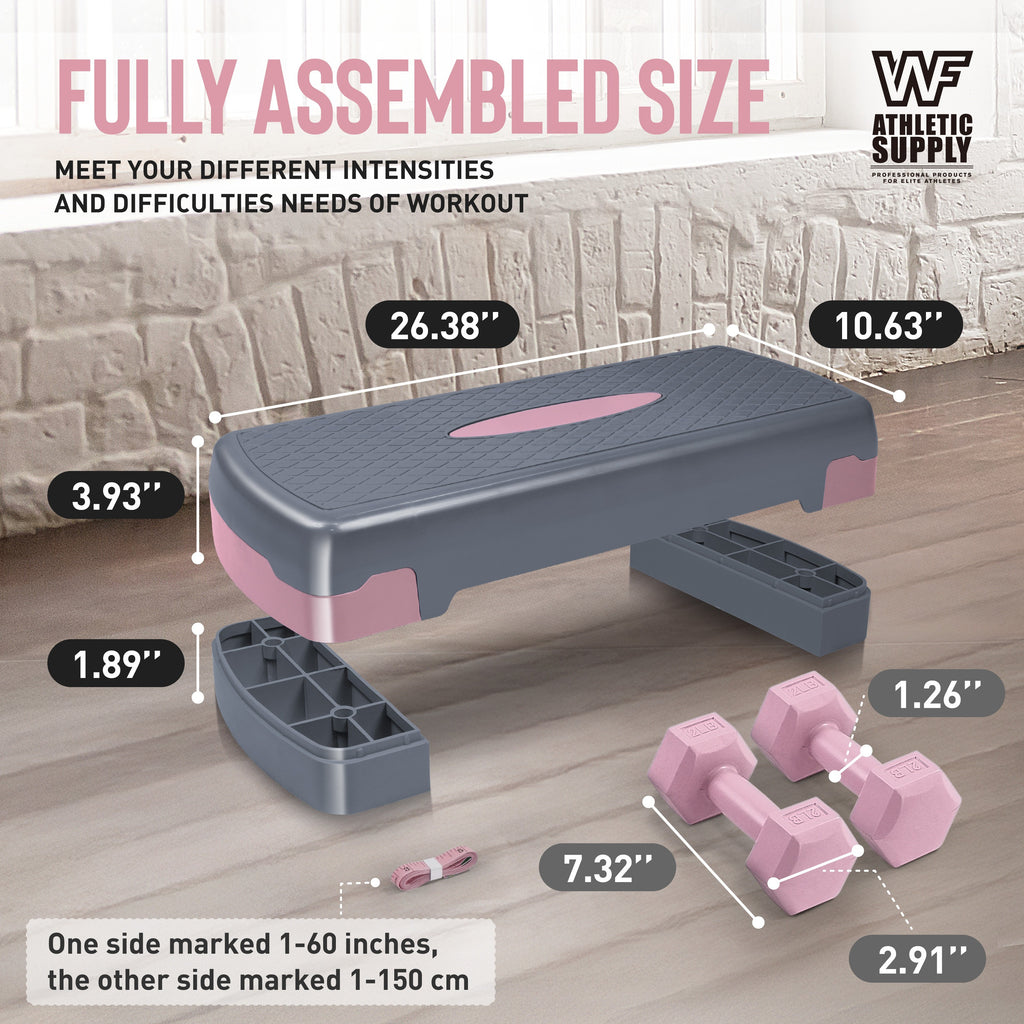 Aerobic Step Platform with Dumbbells Measuring Tape Adjustable Height 2 Level Risers Non-Slip Exercise Stepper Home Gym Workout 550LB Capacity Pink Green Blue