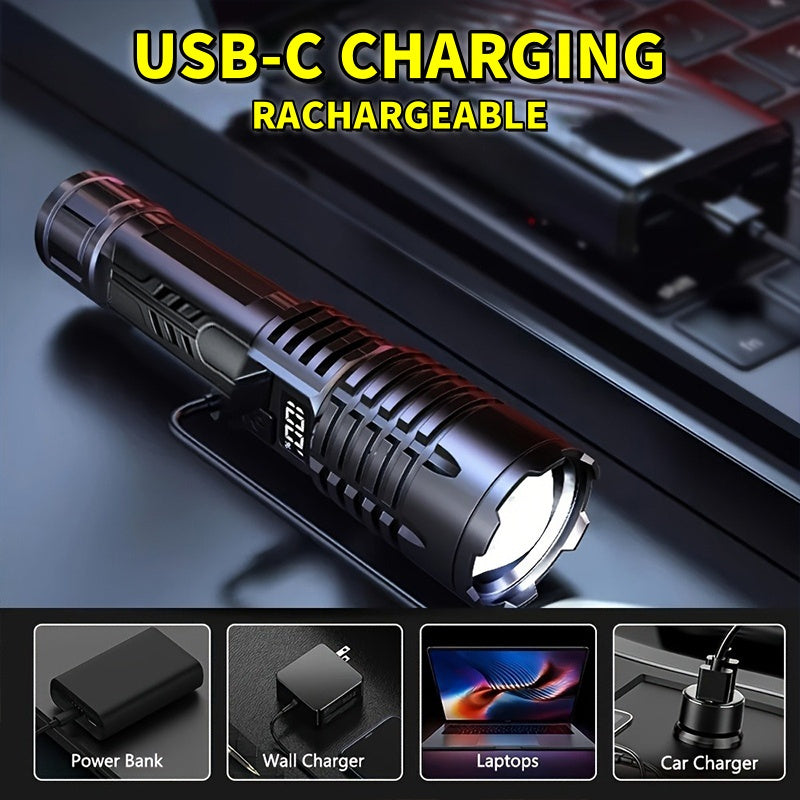 Rechargeable Flashlight Ultra Bright LED Zoomable High Lumens USB Type-C Fast Charging 3 Light Modes Digital Display Tactical Flashlight for Camping Hiking Emergency Hunting 1 2 Pack