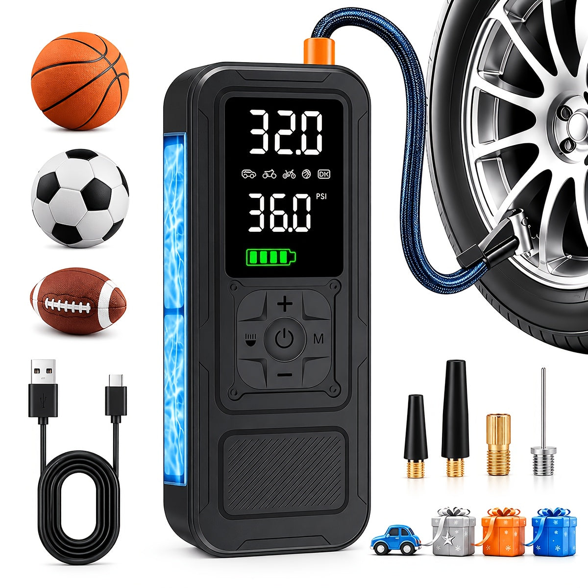 Cordless Tire Inflator 160PSI 8X Fast Inflation Portable Air Compressor Digital Pressure Gauge Auto Shutoff LED Light for Car SUV Motorcycle Bike Ball Rechargeable