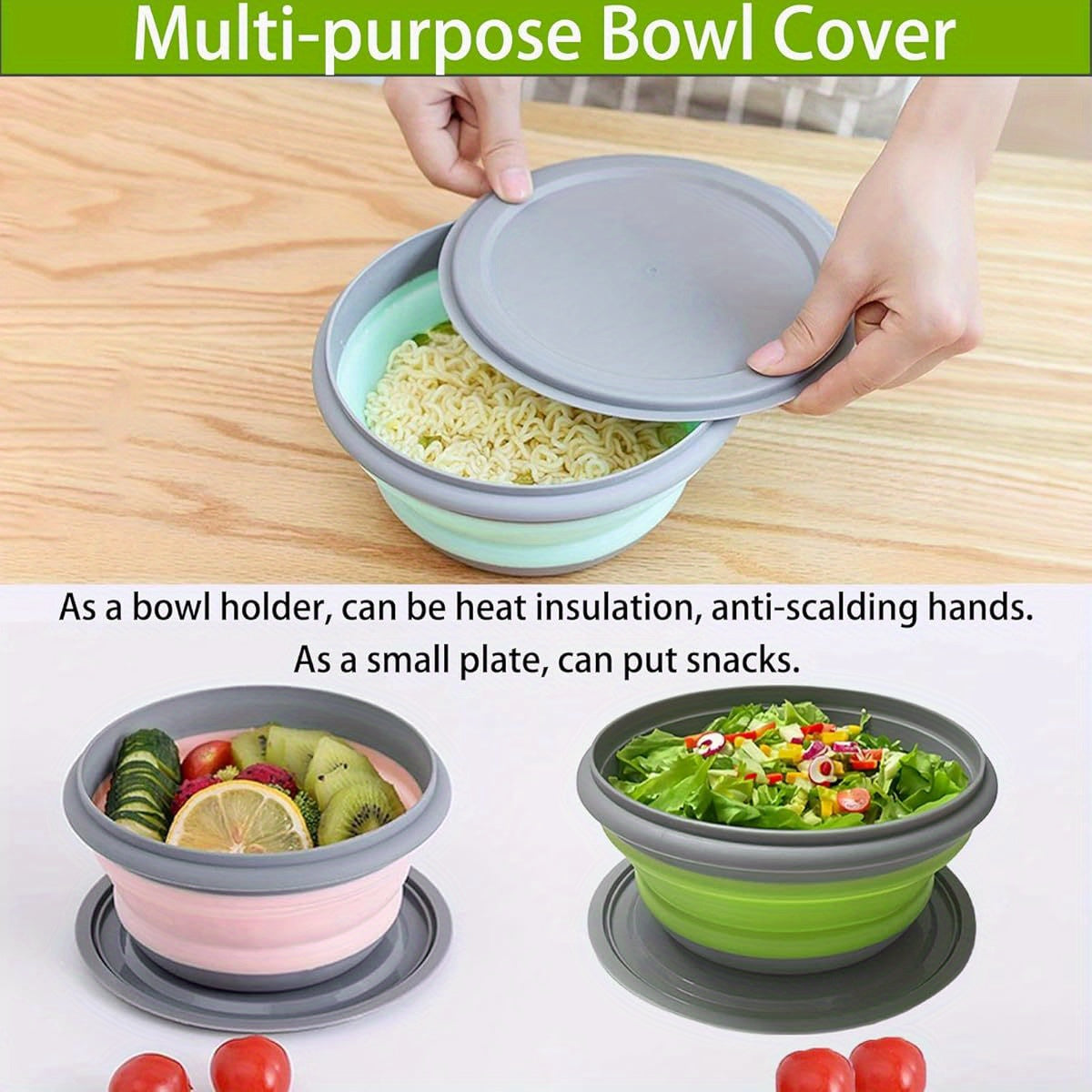 Foldable Camping Bowls with Lids 3-Pack – Collapsible Silicone Food Containers, Rust-Proof PP, Folding Utensils & Storage Bag Included | Stackable Camp Kitchen Bowls | Blue & Pink