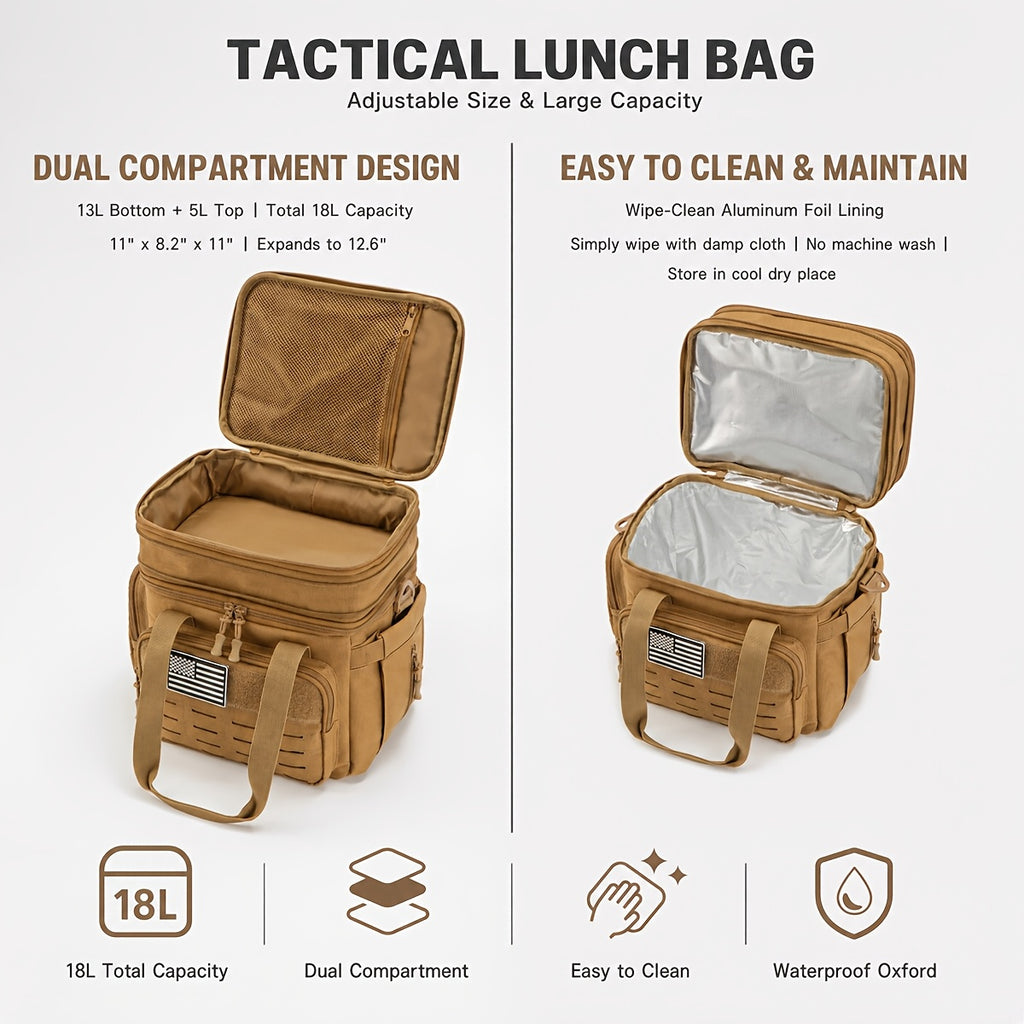 Tactical Cooler Bag Insulated Leakproof 24-Can – 4.76 Gal MOLLE Lunch Box for Men, Dual Compartment Expandable Thermal Tote, Camping Hunting Beach Work