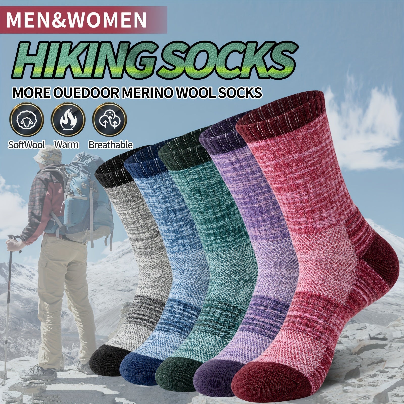 Merino Wool Hiking Socks 5 Pairs Men & Women – Compression Support, Thick Cushion, Sweat-Wicking & Breathable – Sizes M & L – Multicolor, Dark & Earth Tones – Outdoor Trail & Cold Weather Sock Gift Set