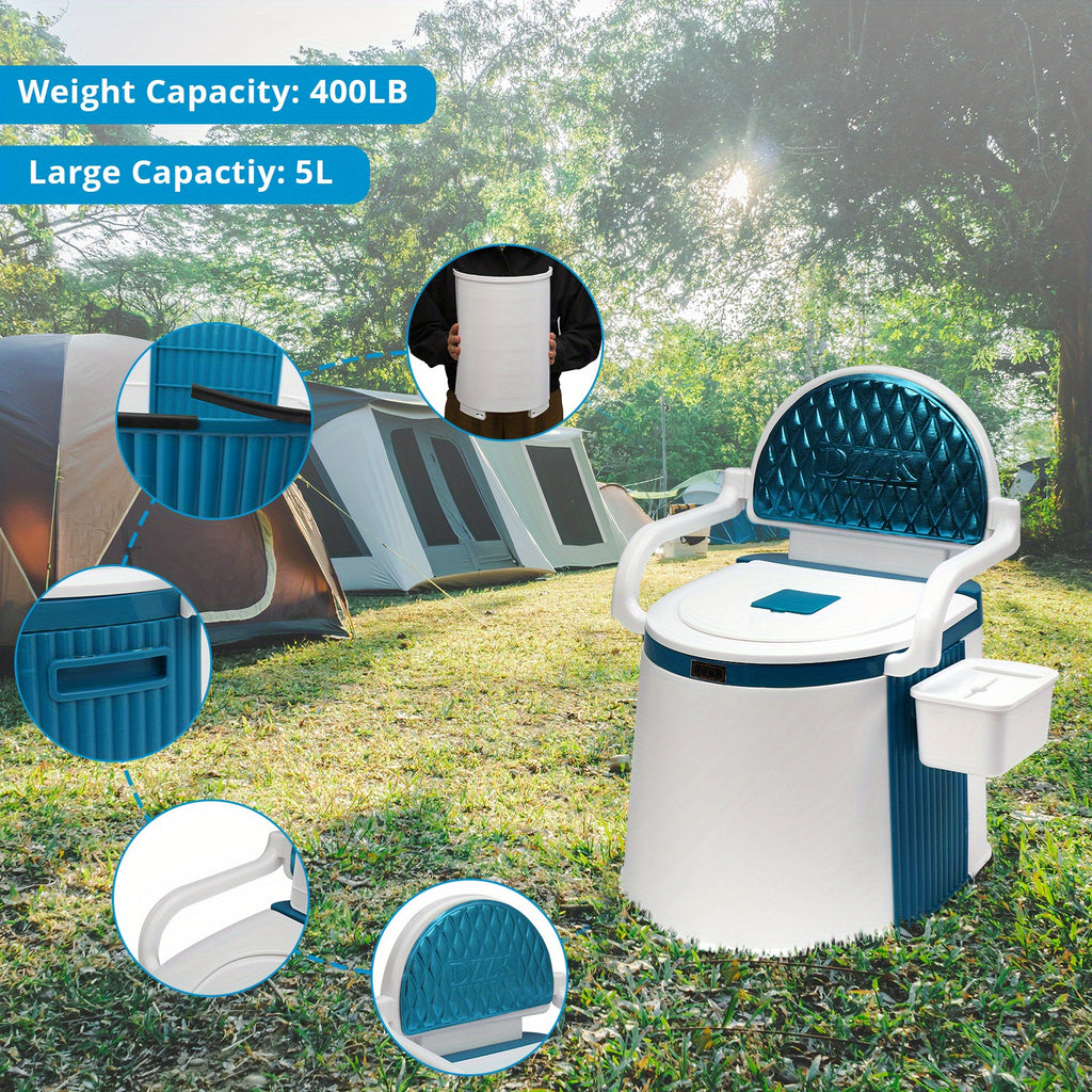 Portable Camping Toilet with Backrest & Handrails – 350LB Capacity, Detachable 6-8 Gallon Bucket, Odor-Control Lid, Lightweight Commode for Camping, RV, Boat & Medical Use