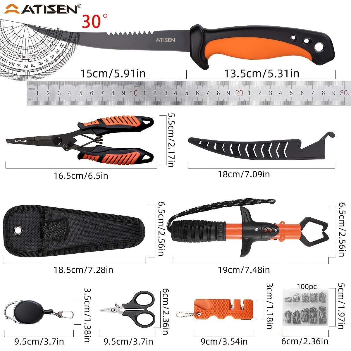 106-Piece Fishing Knife Set with Bait Knife, Shrimp Tongs, Knife Sharpener & Line Clippers – Complete Angler Tool Kit for Fishing, Camping, Hiking & Outdoor Cooking, Gift for Men