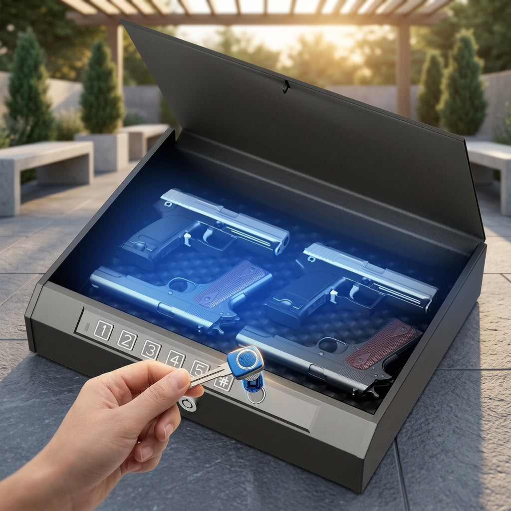 Biometric Gun Safe 3-Way Unlock – Fingerprint Digital PIN & Key Pistol Lock Box with Internal Light Silent Mode Emergency Power for Home Bedroom Nightstand Car