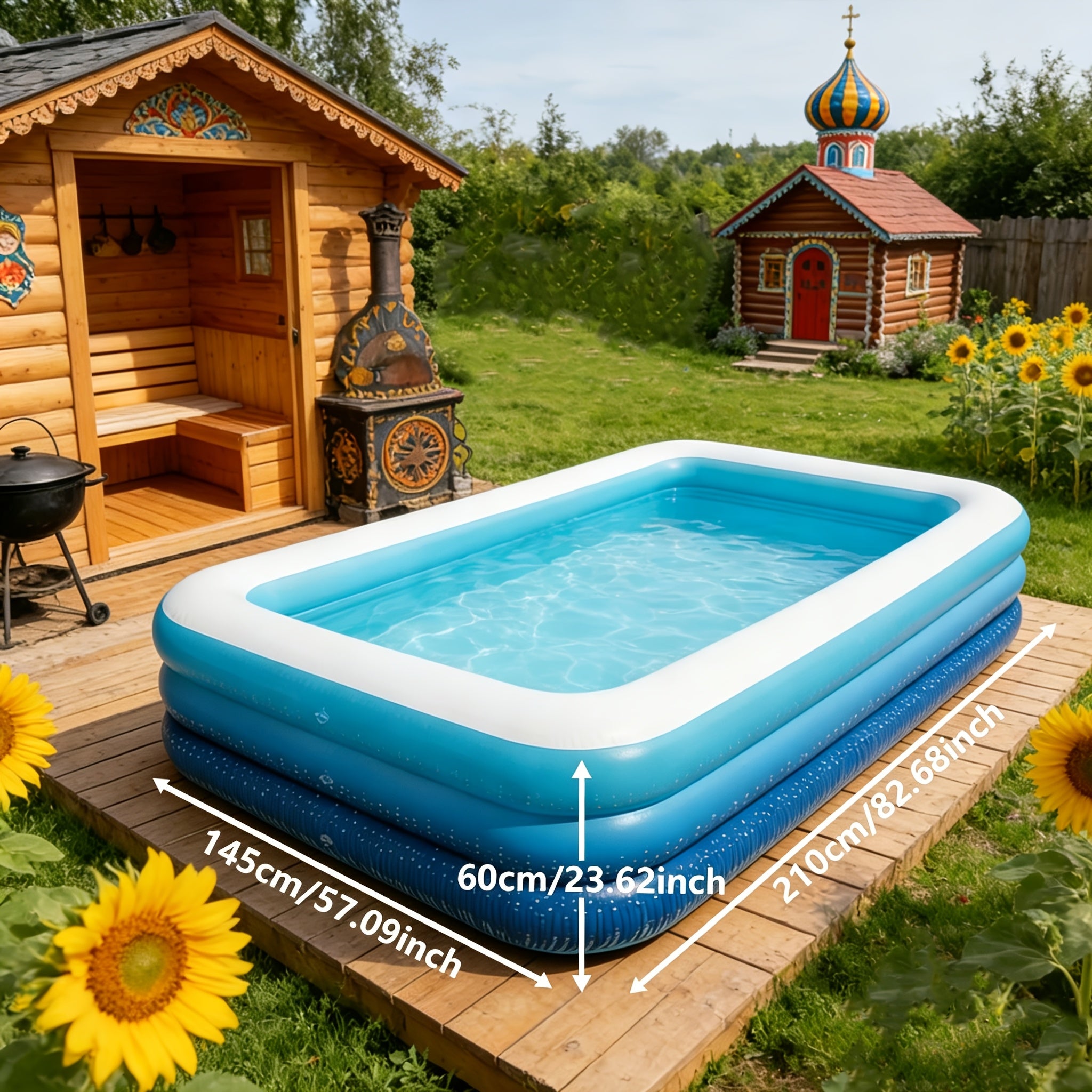 Inflatable Swimming Pool for Adults Thickened 3-4 Layer Foldable Portable Backyard Pool - Above Ground Family Pool for Home Courtyard Outdoor - Navy Blue Sea Blue 70-125 Inch