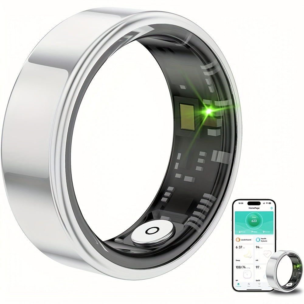 Smart Fitness Ring Bluetooth 5.3 Heart Rate HRV Sleep Steps Calorie Body Temp Stress Tracker No Subscription iPhone Android Compatible Sizes 7-13 Black Silver Gold
