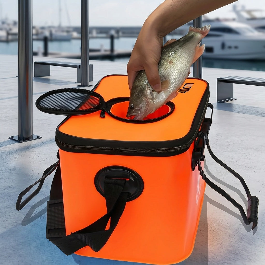 Collapsible 25L EVA Fishing Bucket with Lid – Foldable Live Fish Keeper & Bait Container for Kayak Bank Pier Fishing, Lightweight Portable Water Bucket for Camping, Orange & Blue