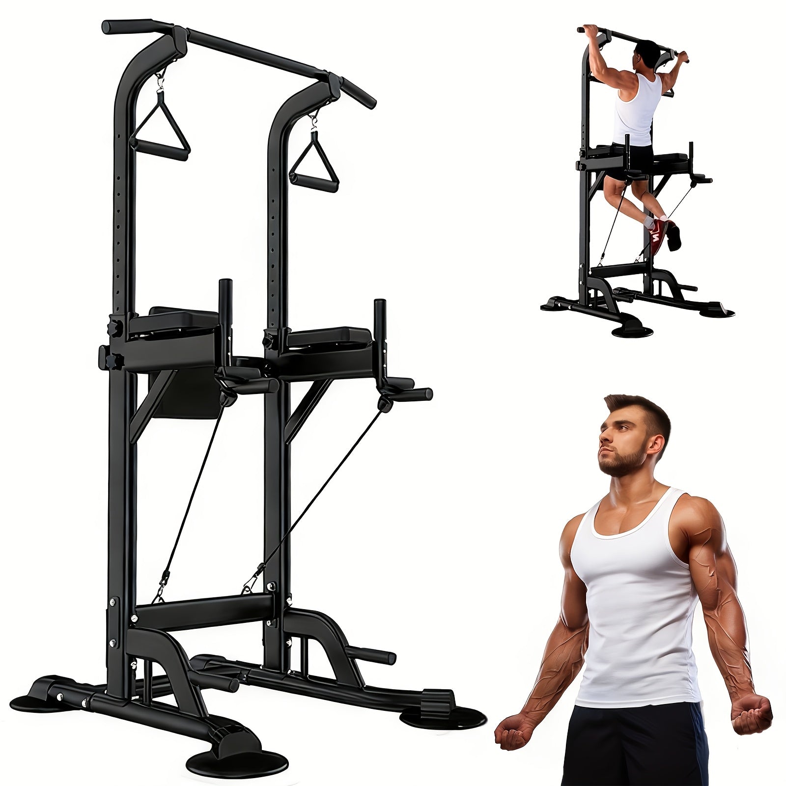 Power Tower Pull Up Bar Stand Adjustable Height 50-90 Inch 330LBS Multi-Function Dip Station Home Gym Strength Training Equipment for Pull Ups Push Ups Dips Knee Raise Men Women