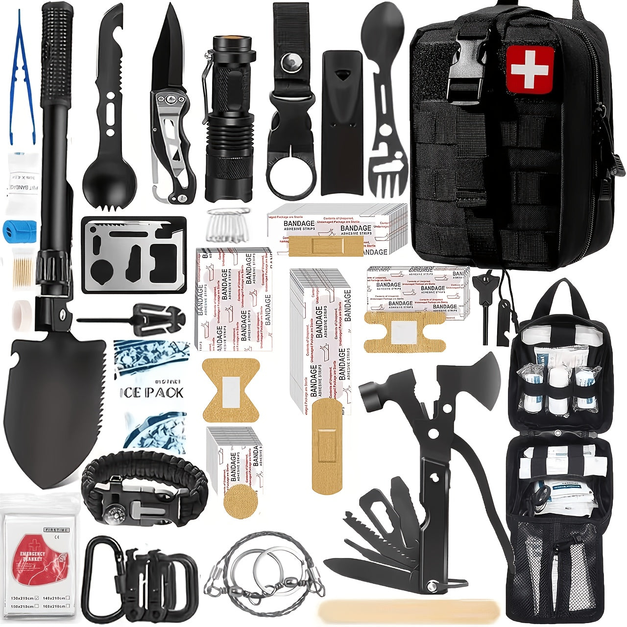 217-Piece Survival Kit with First Aid Kit & Survival Tools MOLLE Storage Bag - Outdoor Camping Hiking Emergency Gear for Men - Brown Black Khaki Green Red Orange Camouflage