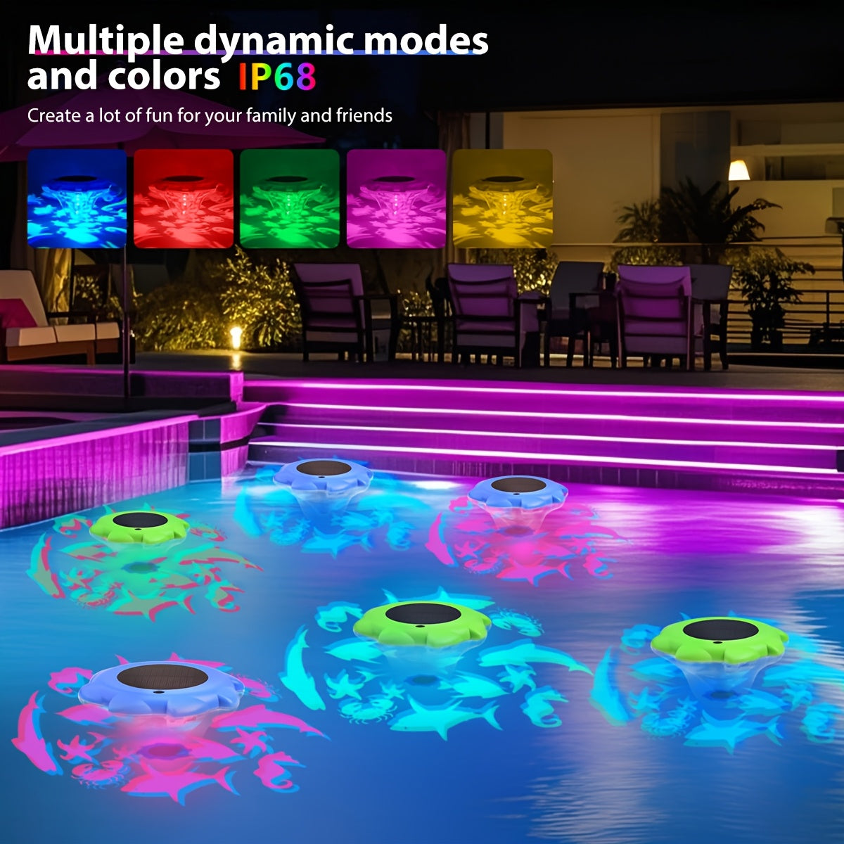 Solar Floating Pool Lights IP68 Waterproof with Multiple Dynamic Modes, Underwater LED Light for Swimming Pool Pond Fish Tank Bathtub, Colorful Solar Powered Pool Decoration for Party Ambiance