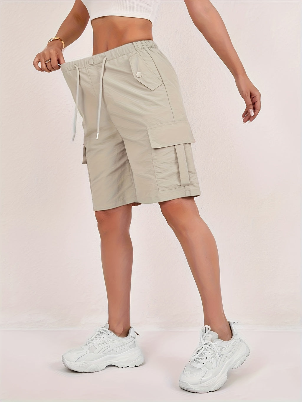 Women's Cargo Shorts 2-Pack - Lightweight Straight-Leg Mid-Thigh Bermuda Shorts with Multiple Pockets & Adjustable Drawstring Waist, Machine Washable Casual Outdoor Shorts S-XXL