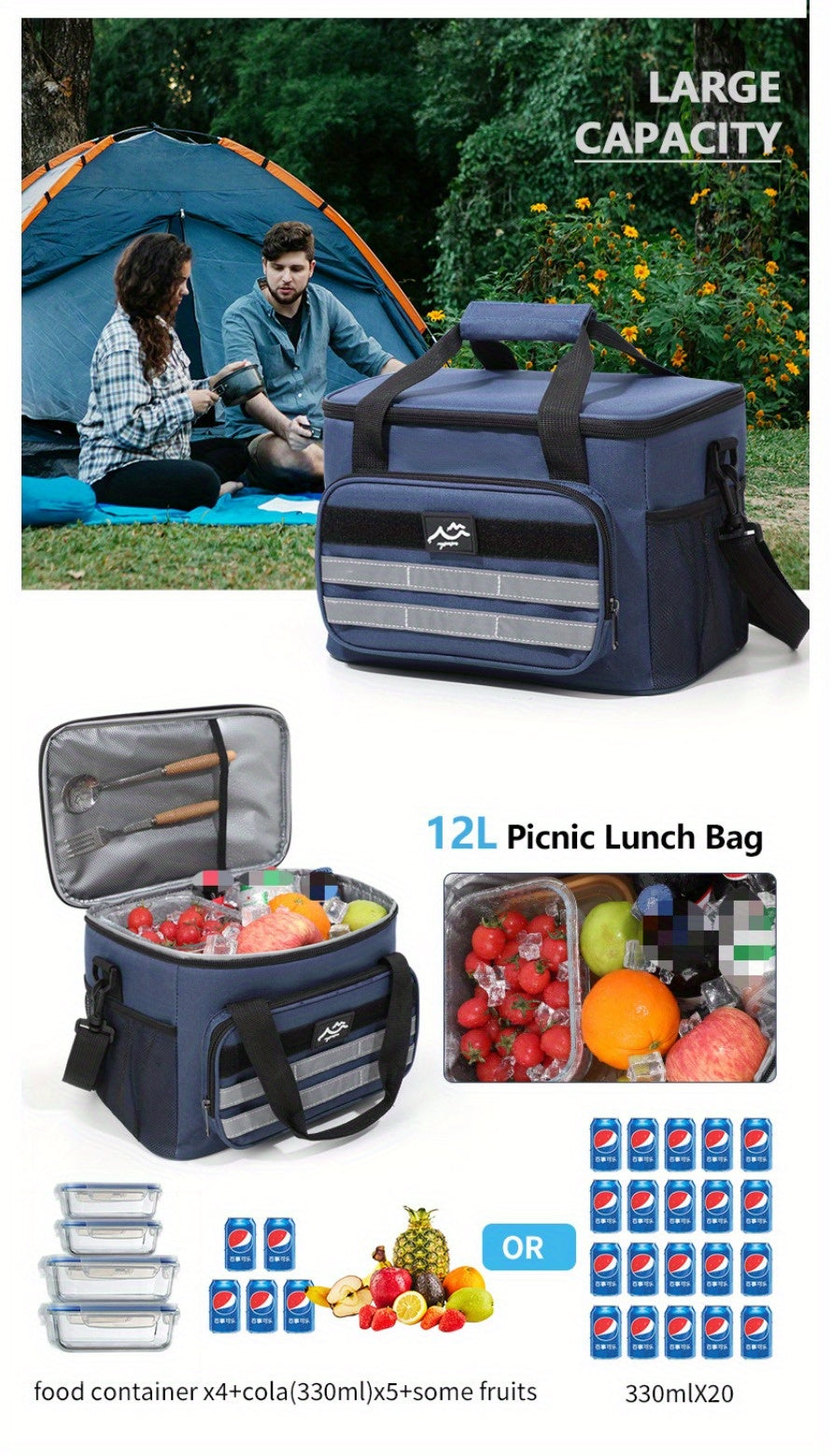 Large Capacity Insulated Cooler Bag Picnic Bag – Portable Crossbody Refrigerated Lunch Bag with Foil Storage Bags for Outdoor Camping Travel Black Grey Navy Khaki