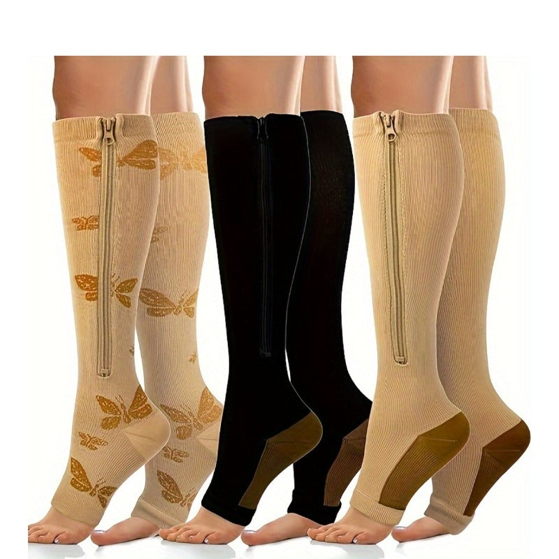 3-Pack Zip Compression Socks Wide Calf – Unisex Thigh High Compression Socks for Men & Women, Plus Size, All Season Knit Fabric S/M, L/XL, XXL