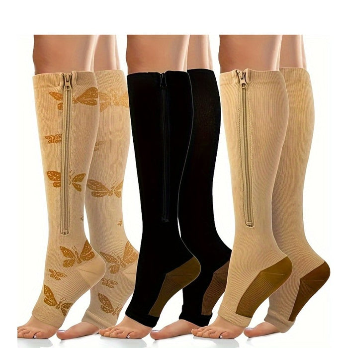 3-Pack Zip Compression Socks Wide Calf – Unisex Thigh High Compression Socks for Men & Women, Plus Size, All Season Knit Fabric S/M, L/XL, XXL