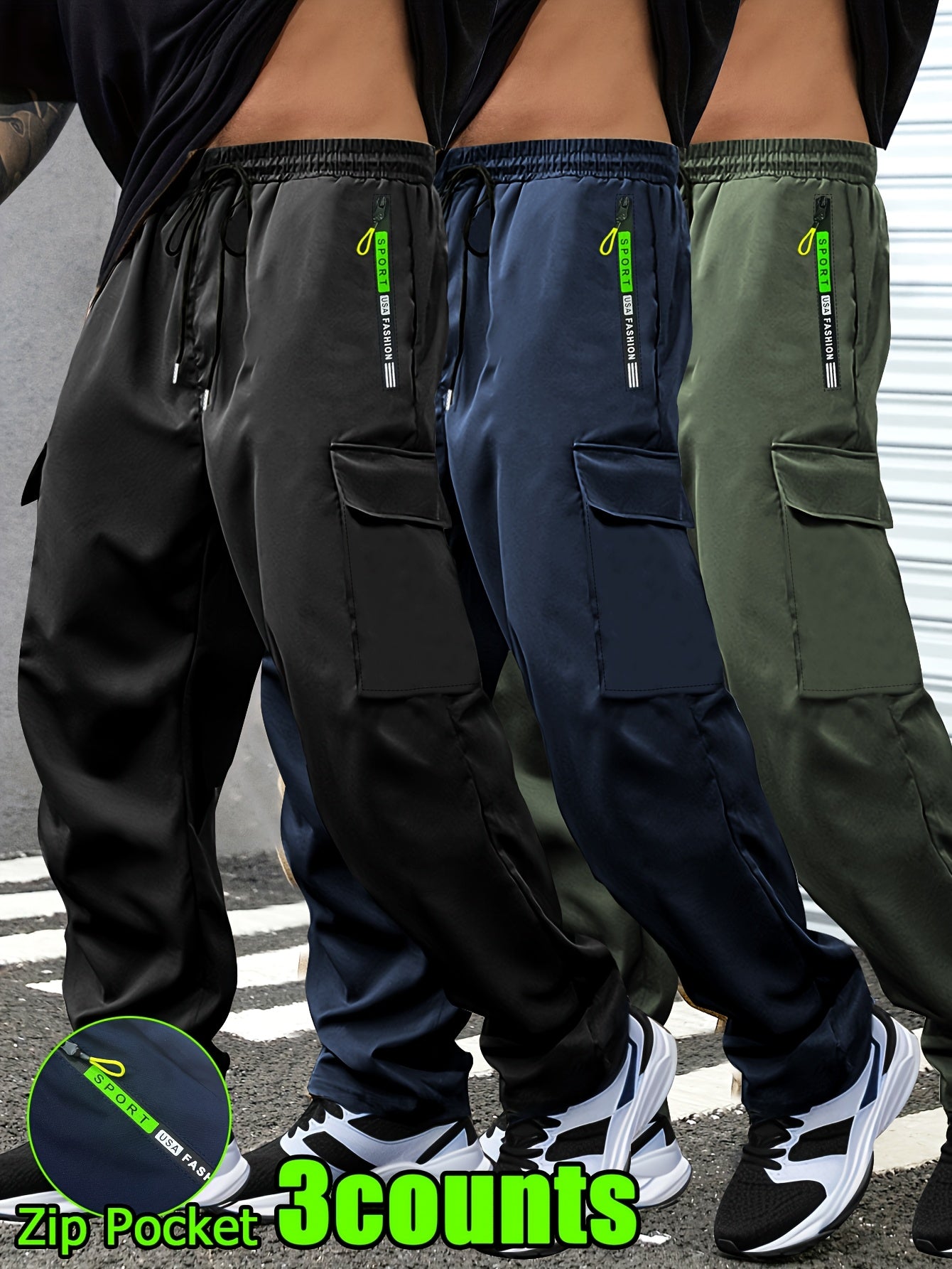 Men's Lightweight Cargo Pants with Drawstring & Elastic Waist – Multi Zipper & Side Pockets, Breathable Regular Fit for Hiking, Camping & Casual Outdoor Wear, S-XXXL