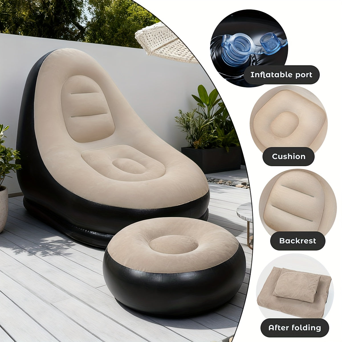 Inflatable Sofa with Footstool 2-Piece Set Heavy Duty Plush Fabric Portable Air Couch with Pump – Indoor Outdoor Camping Beach Backyard Lounge