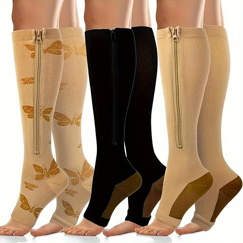 3-Pack Zip Compression Socks Wide Calf – Unisex Thigh High Compression Socks for Men & Women, Plus Size, All Season Knit Fabric S/M, L/XL, XXL