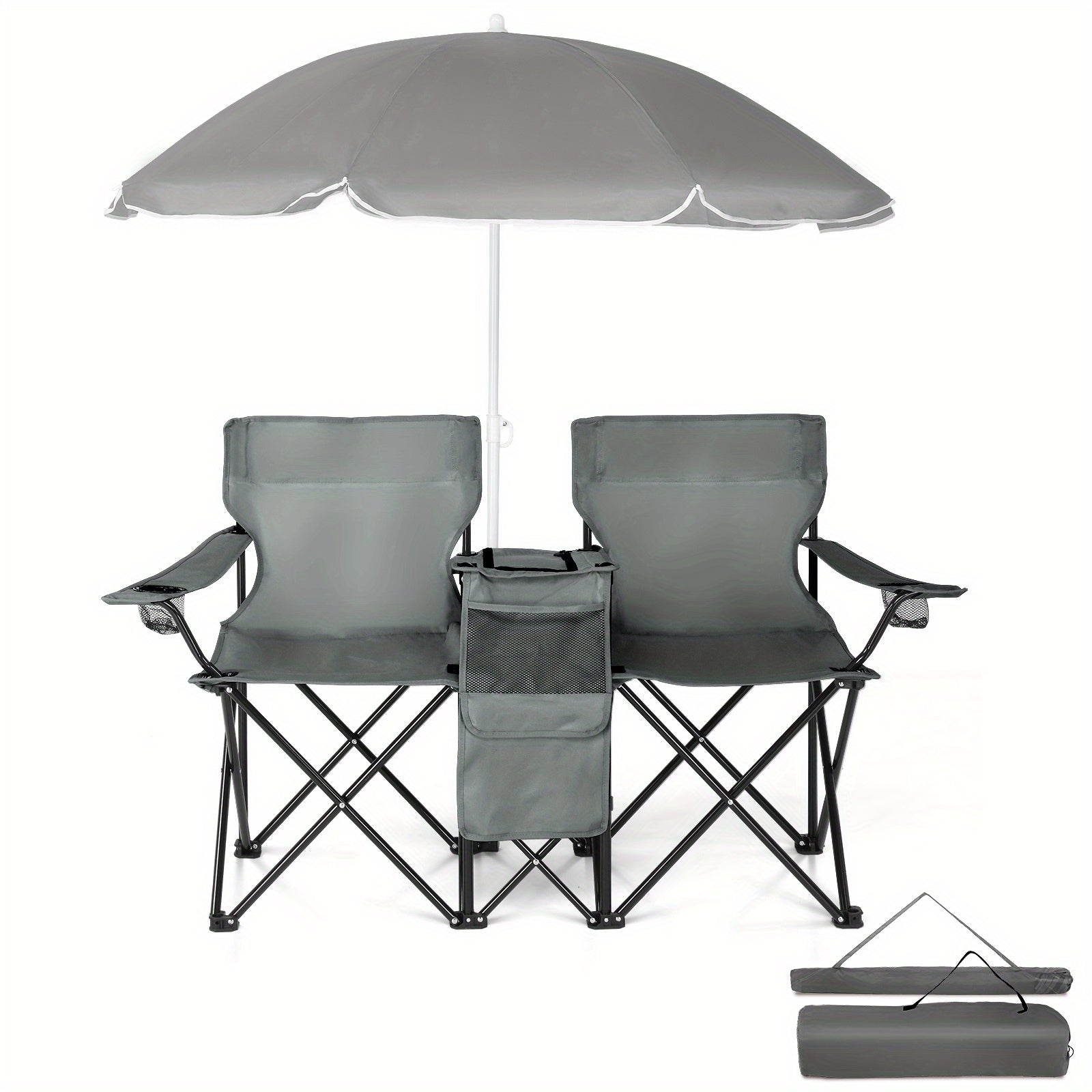 Folding Fishing Chair with Sun Umbrella 2-Seat Portable Outdoor Chair - Iron Alloy Frame Oxford Fabric Beach Patio Camping Chair with Storage Bag - Red Black Grey Blue Coconut Pineapple Pattern
