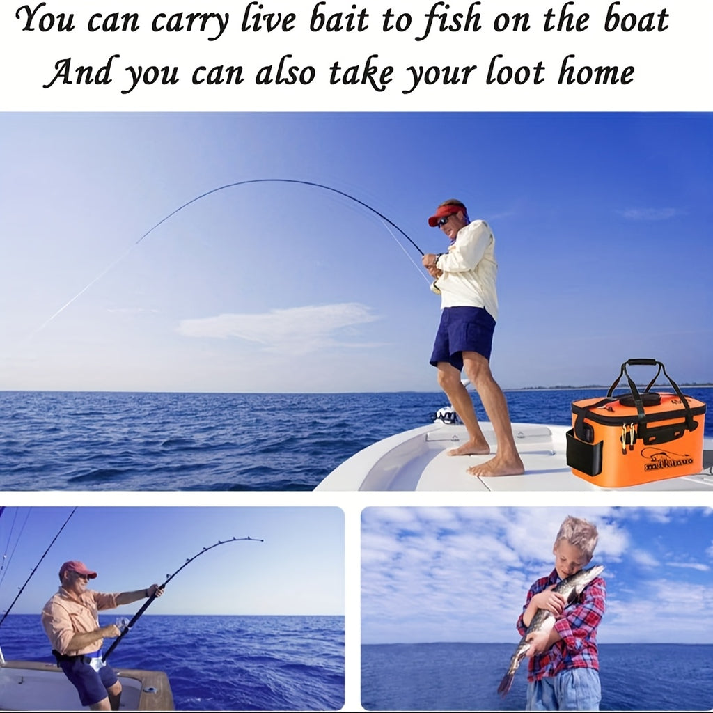 Collapsible 25L EVA Fishing Bucket with Lid – Foldable Live Fish Keeper & Bait Container for Kayak Bank Pier Fishing, Lightweight Portable Water Bucket for Camping, Orange & Blue