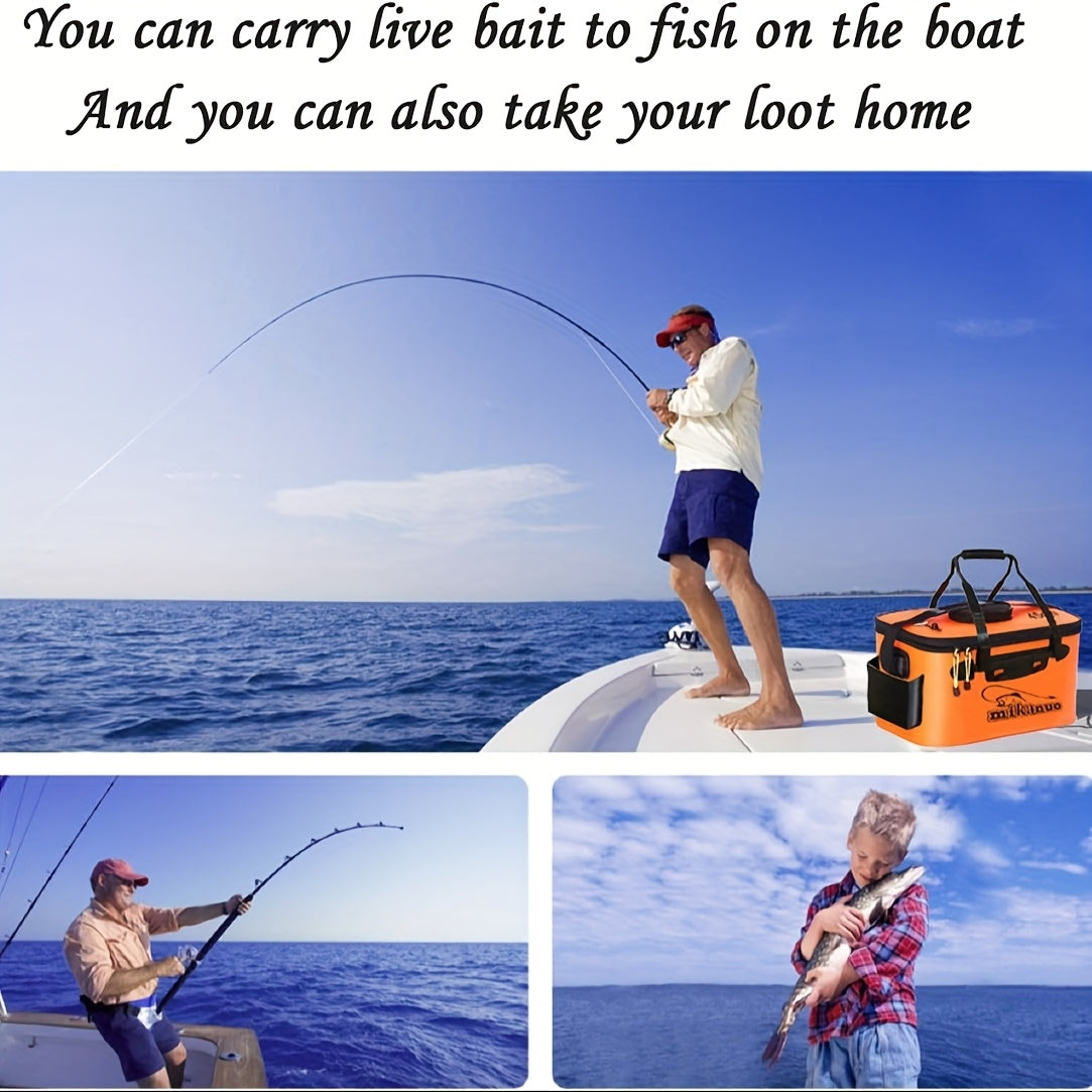 Collapsible 25L EVA Fishing Bucket with Lid – Foldable Live Fish Keeper & Bait Container for Kayak Bank Pier Fishing, Lightweight Portable Water Bucket for Camping, Orange & Blue