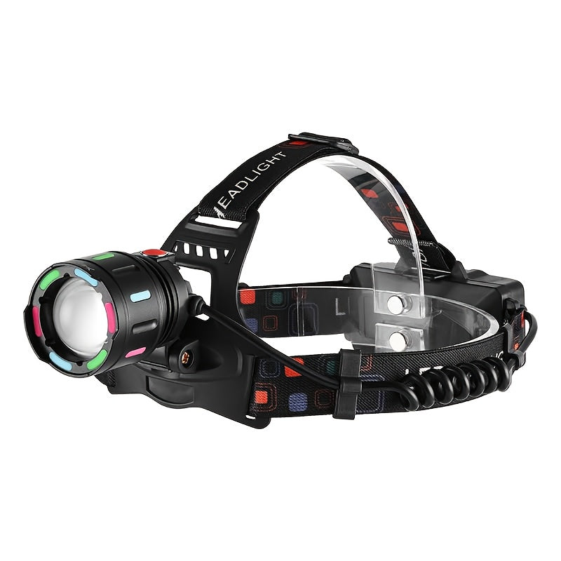 Rechargeable LED Headlamp with 4 Modes & 90° Tilt – Adjustable Focus Head Lamp with Warning Taillight for Camping, Hiking, Running, Repair Work & Emergency Use