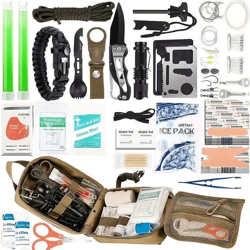 217-Piece Survival Kit with First Aid Kit & Survival Tools MOLLE Storage Bag - Outdoor Camping Hiking Emergency Gear for Men - Brown Black Khaki Green Red Orange Camouflage
