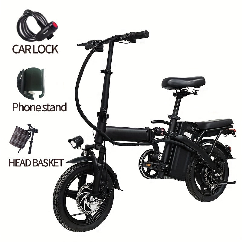 14 Inch Foldable Electric Bicycle for Adults 19MPH 48V Lithium Battery 18-28 Mile Range 330 LB Capacity Portable Folding E-Bike for Urban Commuting Outdoor Cycling - Optional Lock Phone Holder Basket