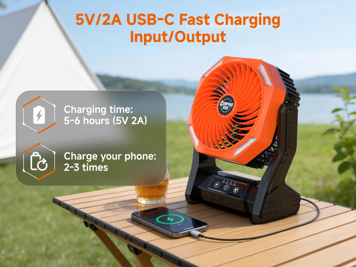 20000mAh Camping Fan with LED Light & Brushless Motor – Portable Outdoor Fan for Camping Hiking Picnic Emergency Use, 4 Speeds, 180° Oscillation, 22-26H Battery Life