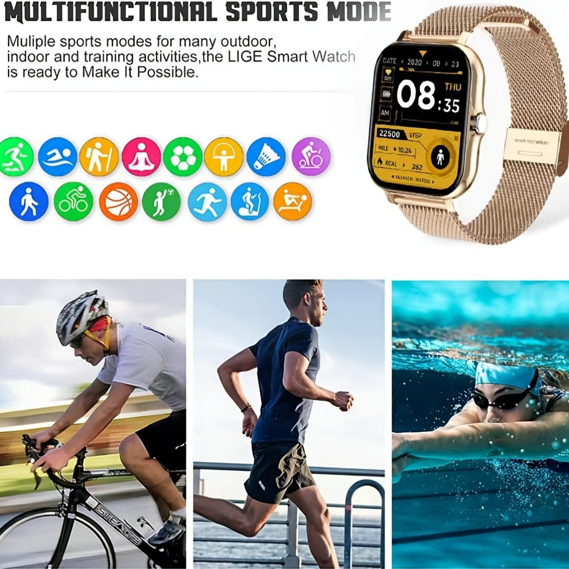 Smartwatch Full Touch Screen Wireless Calling Multi-Sport Modes Music Control Magnetic Charging Compatible with iPhone Android Men Women Fashion Sports Watch