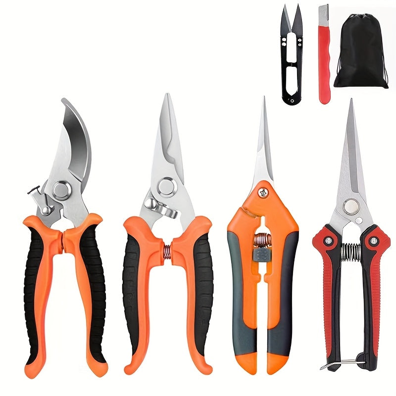 Garden Pruning Shears Set 6-Piece - Stainless Steel Bypass Pruners, Ergonomic Non-Slip Handles, Fruit Picker Branch Cutter Lawn Trimming Tree Care Kit for Men Women