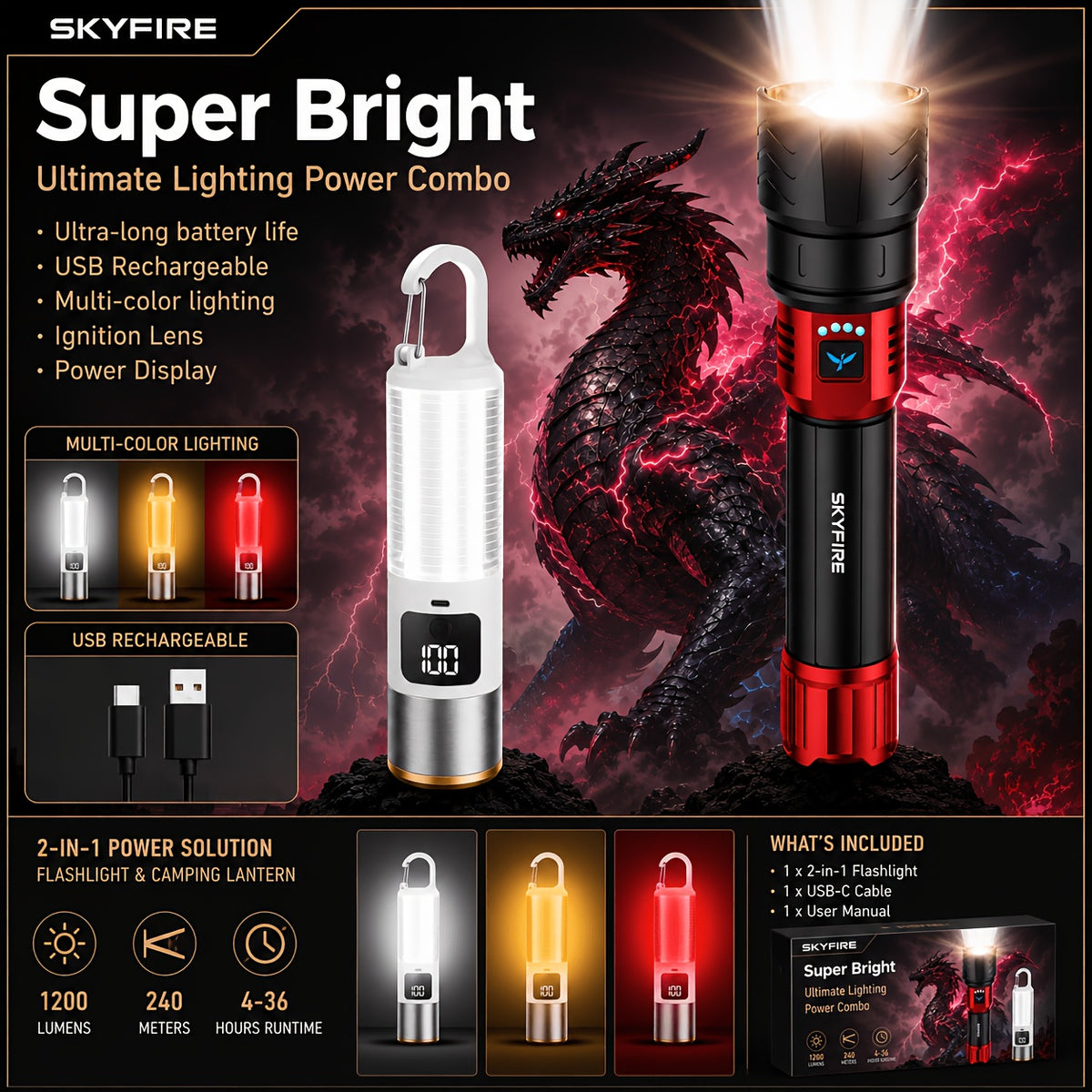 LED Flashlight 5000+ Lumen Super Bright Rechargeable with Ignition Lens Adjustable Focus 4 Modes for Camping Outdoor Farm Emergency Family Use