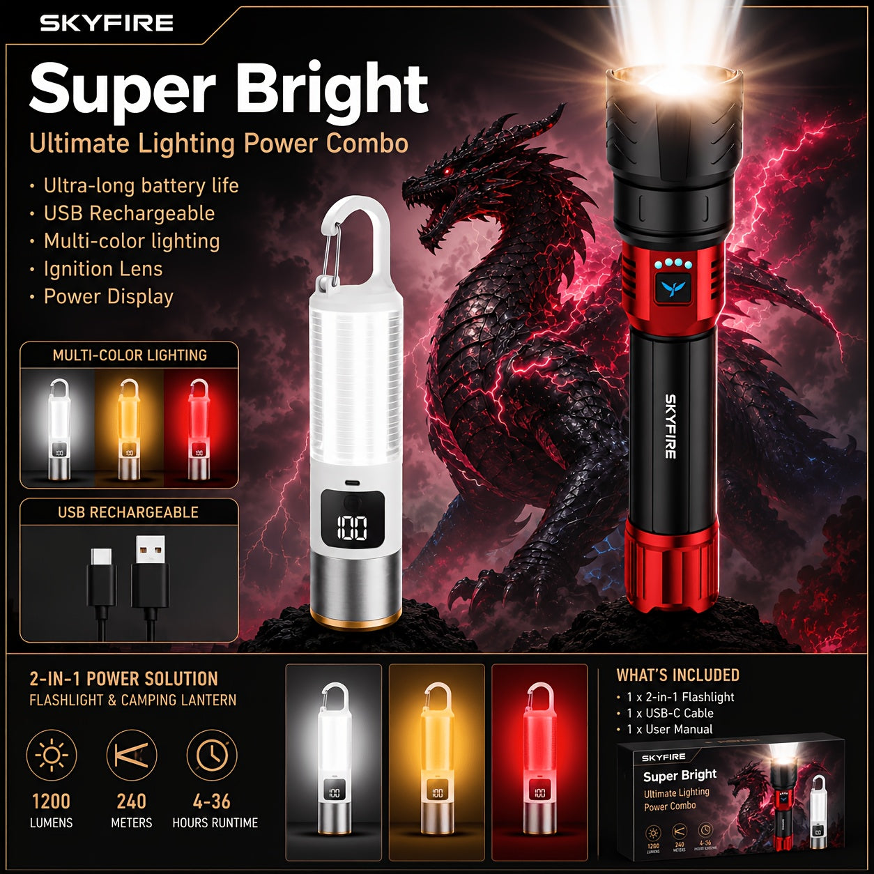 LED Flashlight 5000+ Lumen Super Bright Rechargeable with Ignition Lens Adjustable Focus 4 Modes for Camping Outdoor Farm Emergency Family Use
