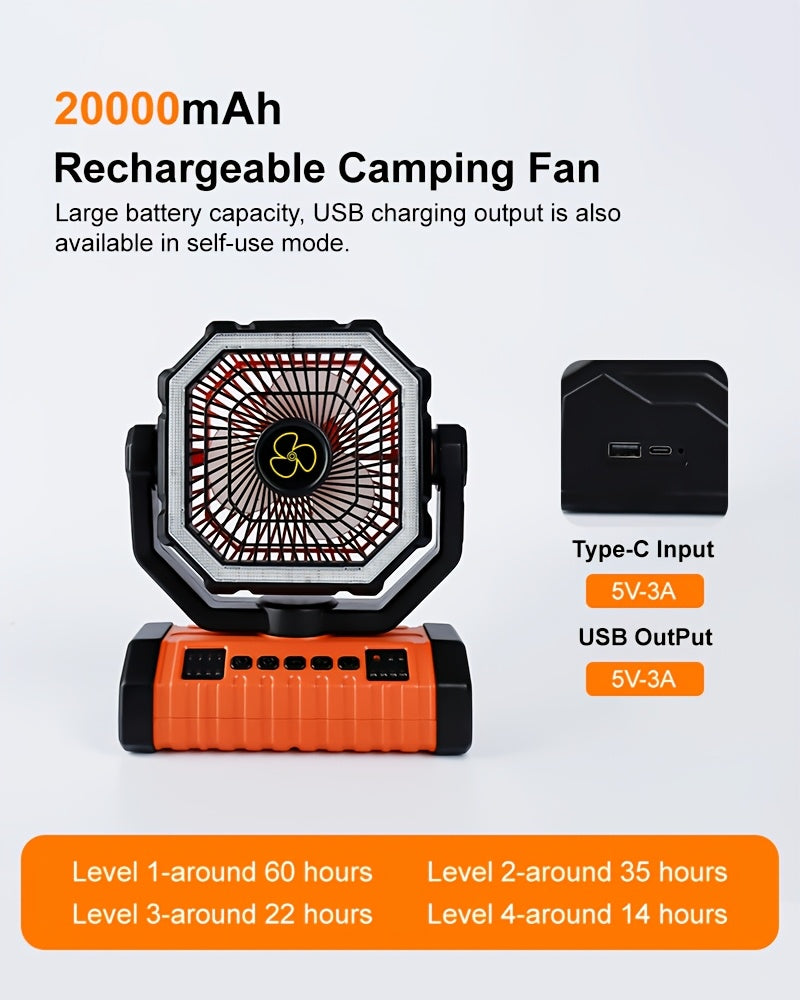 20000mAh Portable Camping Fan with LED Light USB Rechargeable – Battery Powered Tent Fan for Outdoor Hiking Fishing Travel