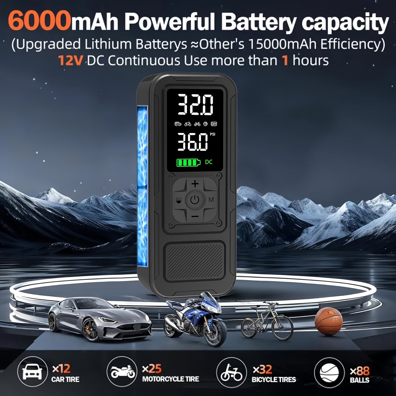 Cordless Tire Inflator 160PSI 8X Fast Inflation Portable Air Compressor Digital Pressure Gauge Auto Shutoff LED Light for Car SUV Motorcycle Bike Ball Rechargeable
