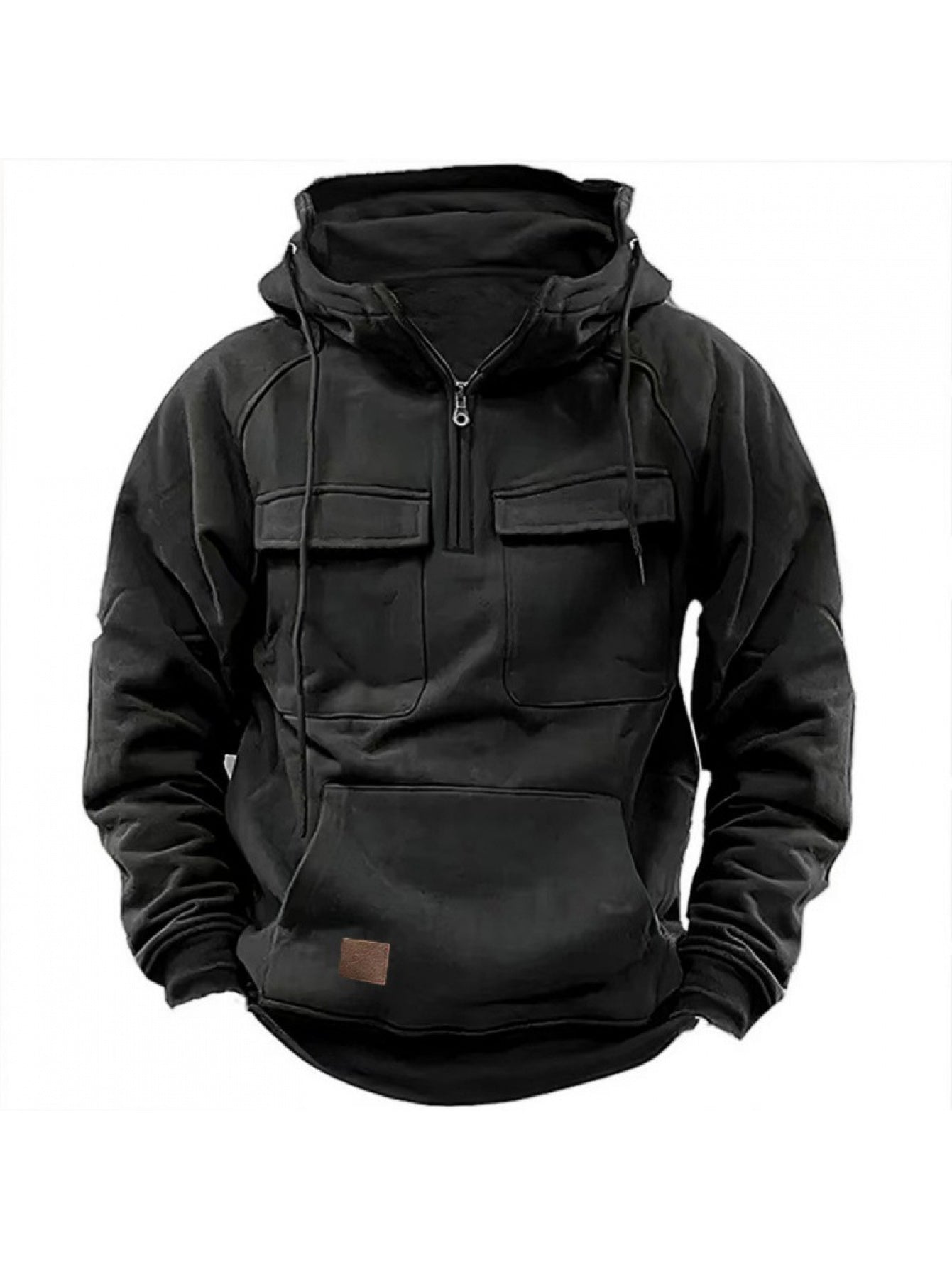 Men's Tactical Quarter Zip Hoodie Cargo Pullover Sweatshirt Outdoor Workout Gym Hooded Jacket Dark Brown