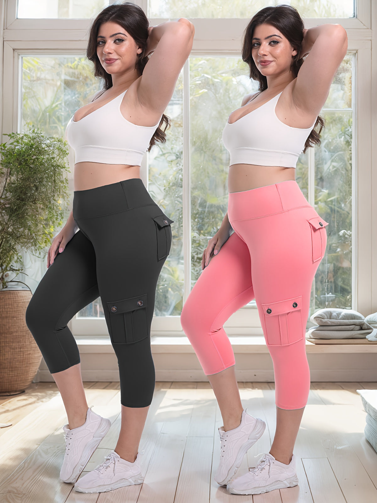 2pcs Capri Leggings Set Women High Waist Butt Lifting Yoga Workout Pants Tummy Control 4-Way Stretch Activewear S-XXL