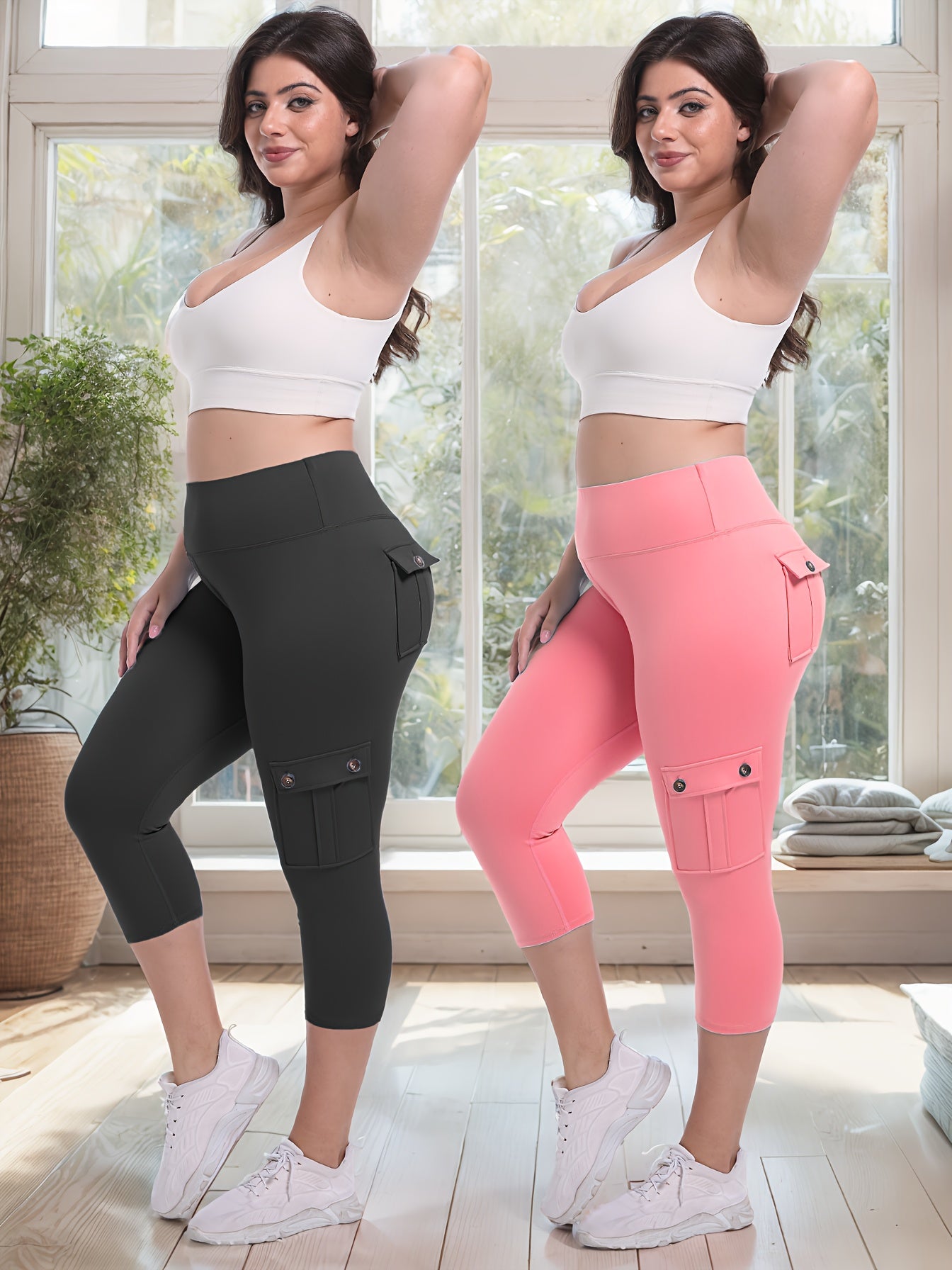 2pcs Capri Leggings Set Women High Waist Butt Lifting Yoga Workout Pants Tummy Control 4-Way Stretch Activewear S-XXL
