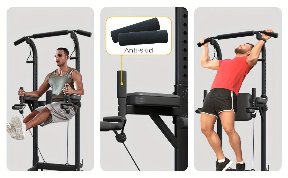 Power Tower Pull Up Bar Stand Adjustable Height 50-90 Inch 330LBS Multi-Function Dip Station Home Gym Strength Training Equipment for Pull Ups Push Ups Dips Knee Raise Men Women